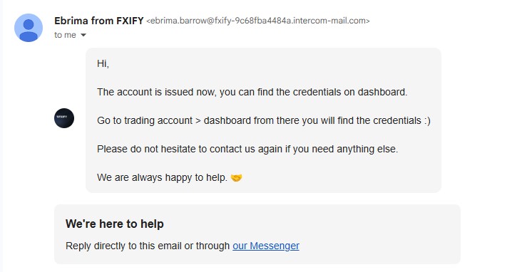 Confirmation email from FXIFY verifying the account details were corrected