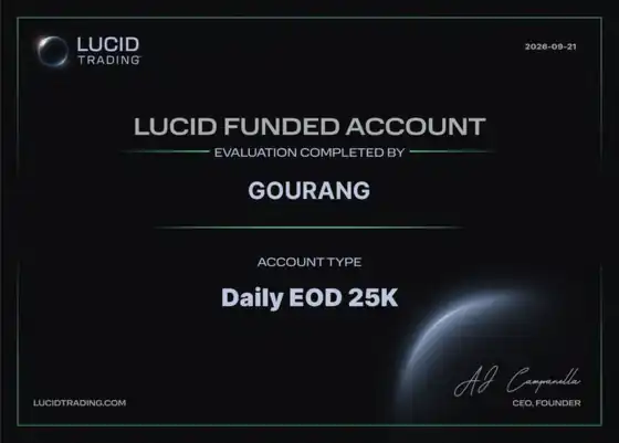 Lucid Trading funded account certificate for a completed Daily EOD 25K evaluation, dated 2026-09-21