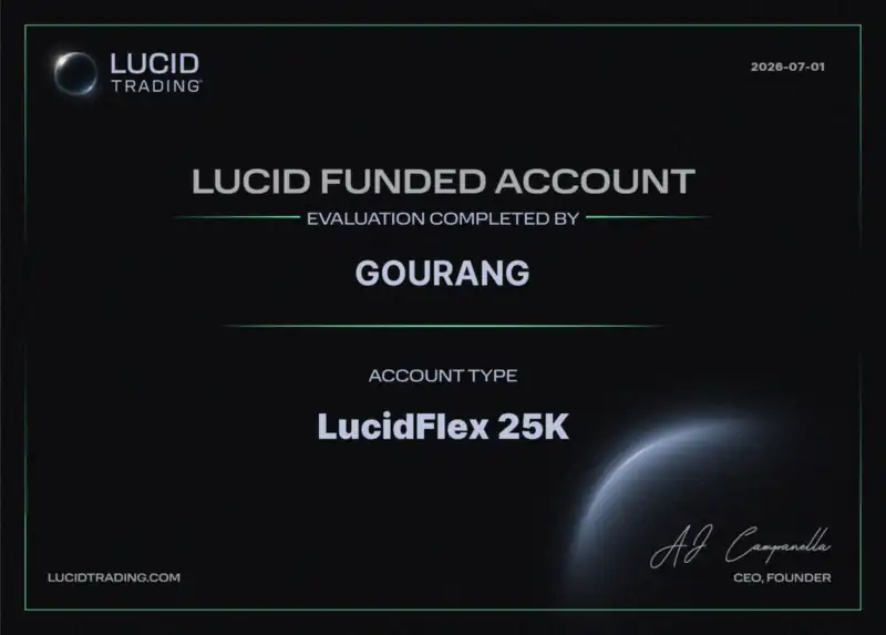 Lucid Trading funded account certificate for a completed LucidFlex 25K evaluation, dated 2026-07-01